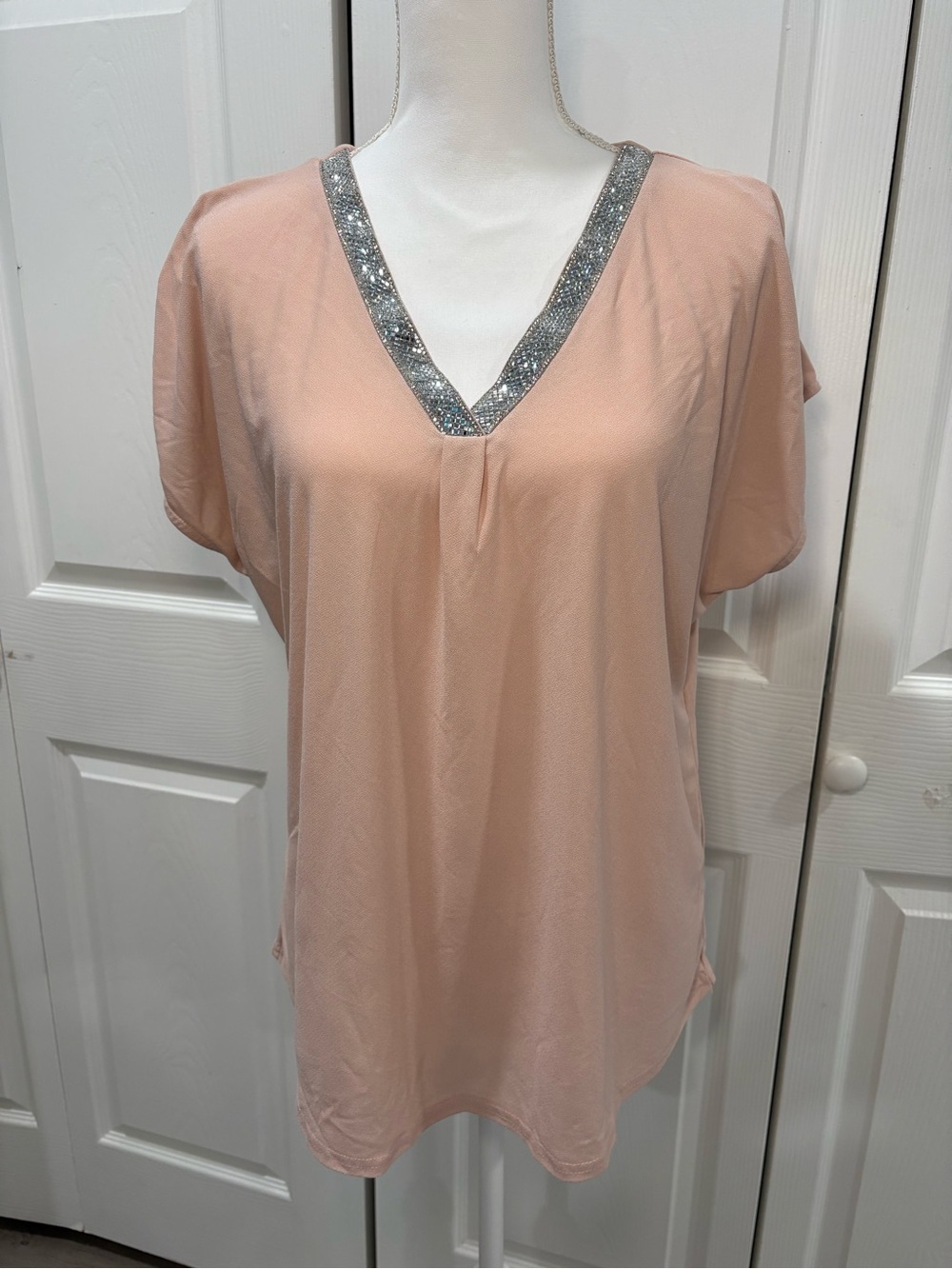 Women's V-Neck Sequin Trim Blouse in Blush cream